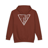 Brown hoodie with a white triangle design on the back against a white background