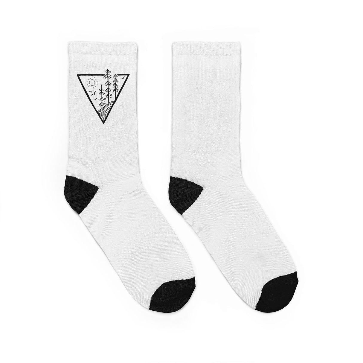 Colorful forest crew socks with all-over tree and nature print, featuring deep roots and high rise design by Printify.