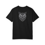 Gray owl graphic T-shirt featuring geometric animal design and the quote "See Everything. Say Nothing." by Printify.