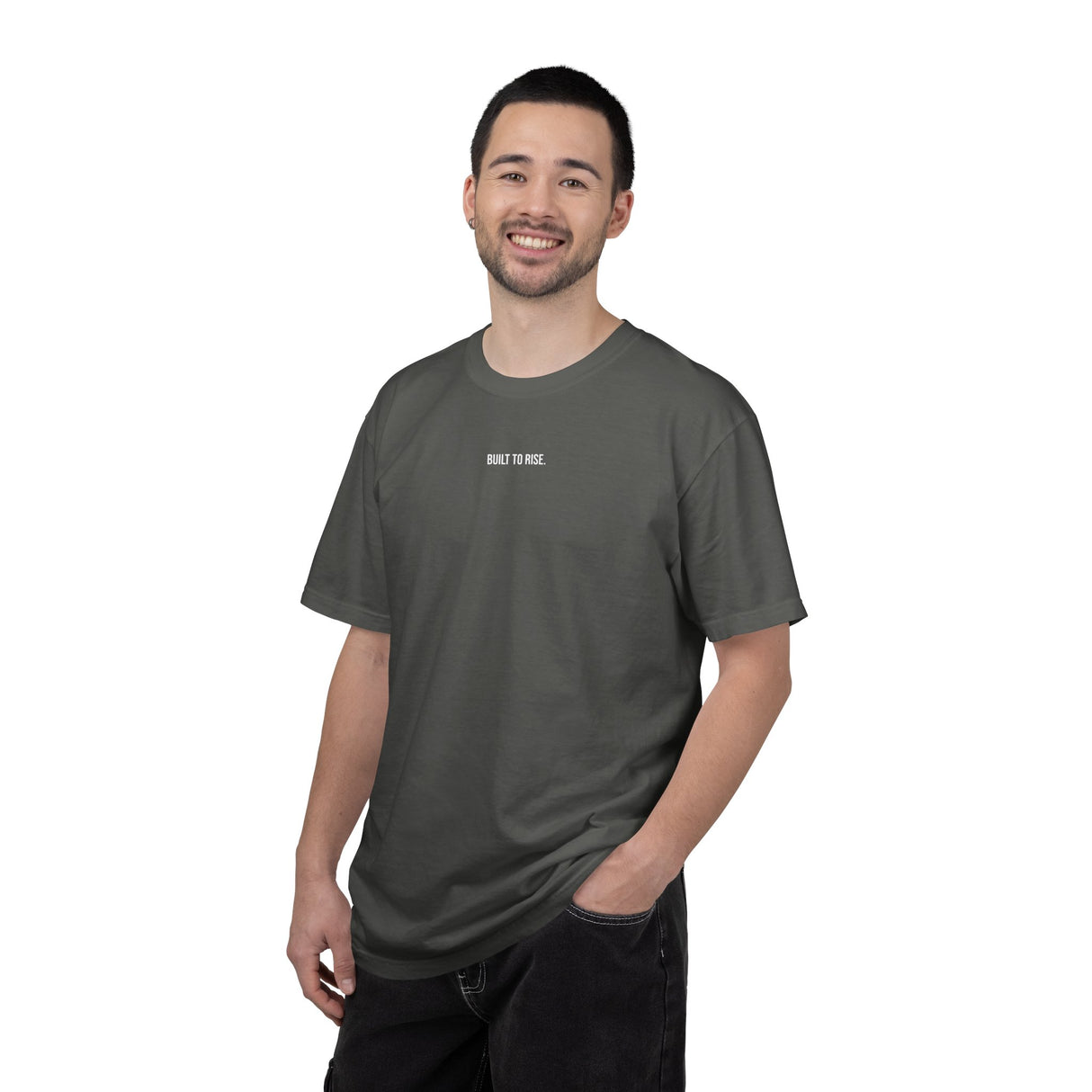 Printify Peak Tee T-shirt from the Nature Series featuring "Built to Rise" slogan on soft cotton fabric.