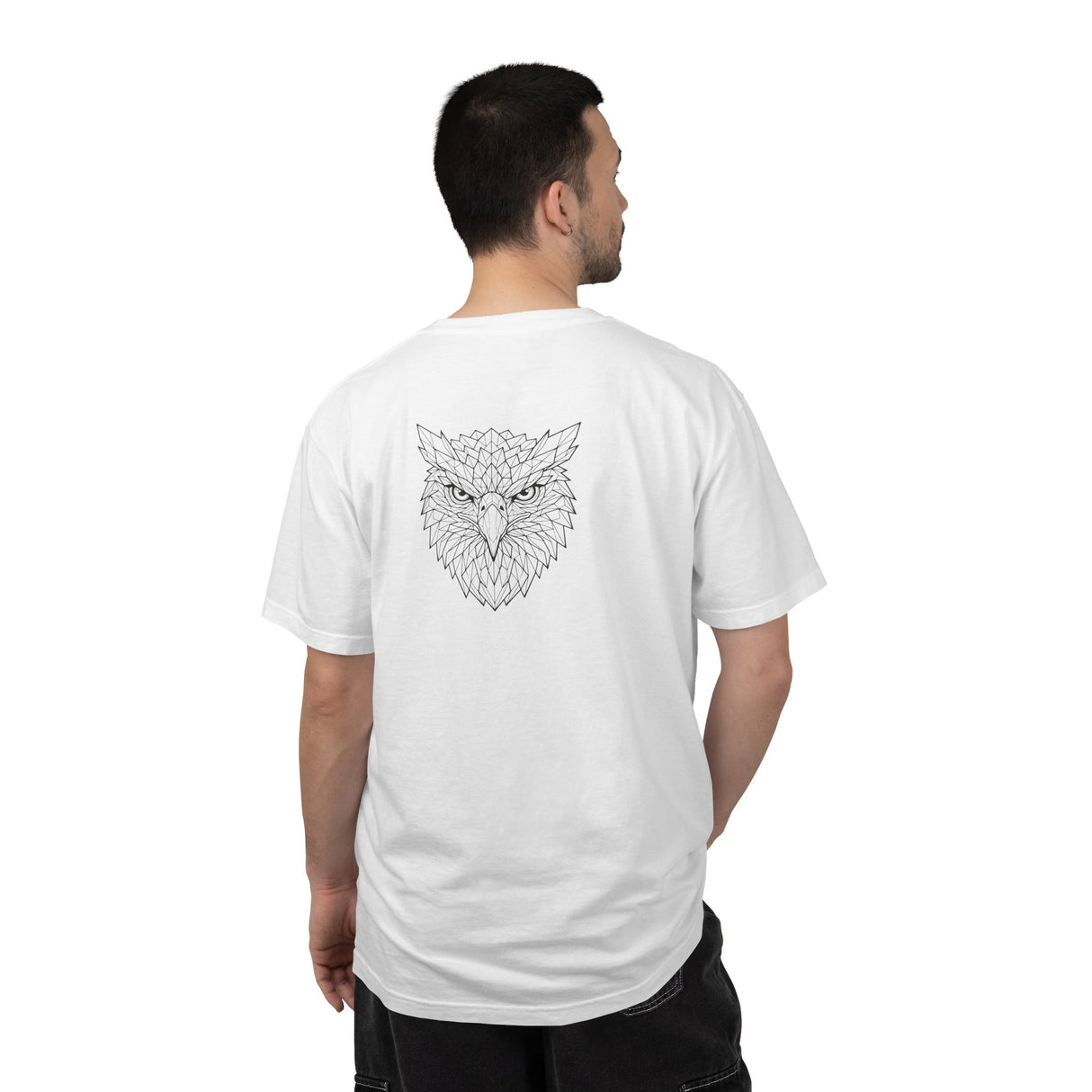 Black eagle graphic T-shirt from Printify's geometric animal series with "Rise Above Everything" design on front.