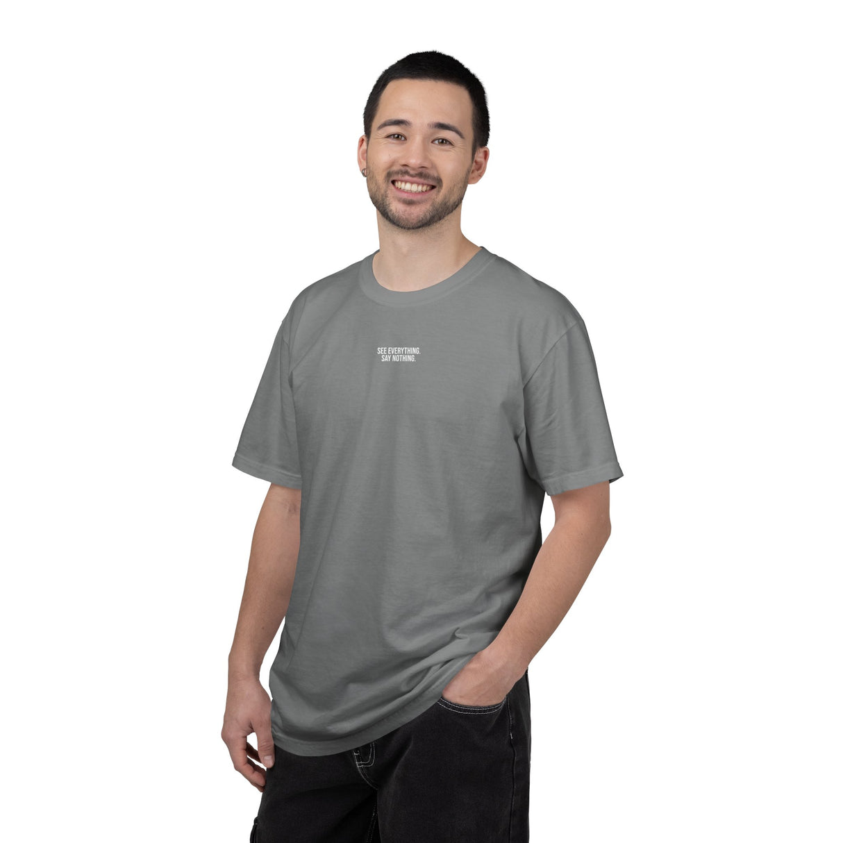 Gray owl graphic T-shirt from Printify featuring geometric owl design and the phrase "See Everything. Say Nothing." on the front.