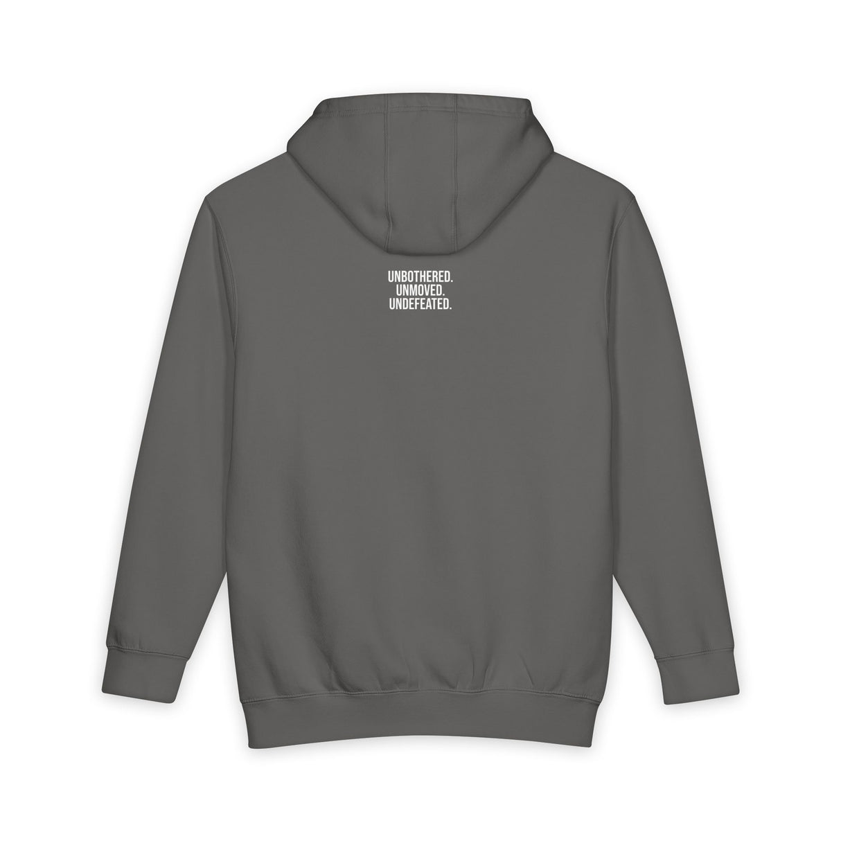 Gray Bear Hoodie from Printify's Geometric Animal Series with "Unbothered. Unmoved. Undefeated." slogan, featuring a geometric bear design.