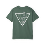 Forest Tee by Printify featuring a nature-inspired design with "Deep Roots. High Rise." text on a casual T-shirt.