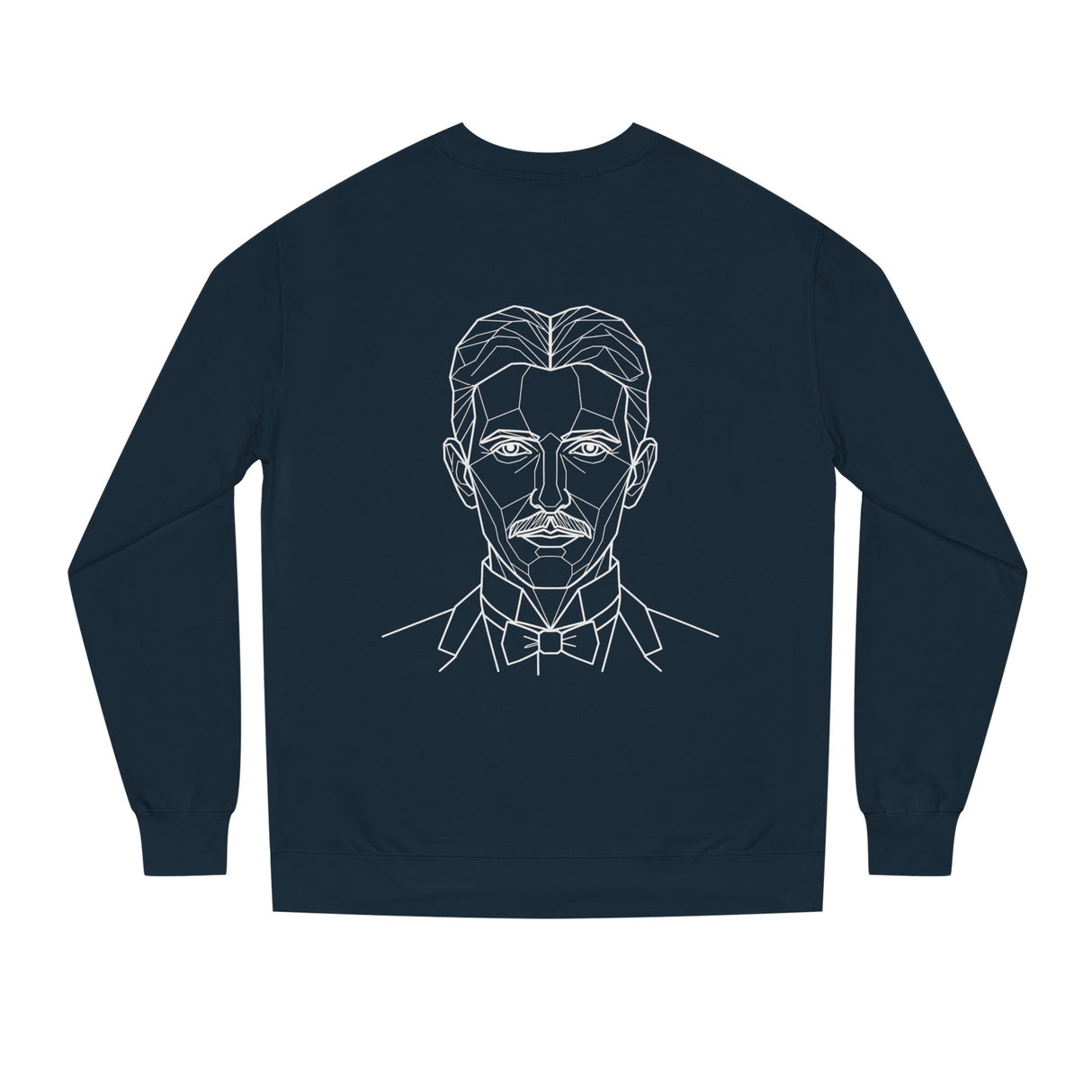 N. Tesla sweatshirt from the Visionaries Series by Printify featuring the quote "Think in Terms of Energy, Frequency and Vibration."
