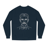 N. Tesla sweatshirt from the Visionaries Series by Printify featuring the quote "Think in Terms of Energy, Frequency and Vibration."