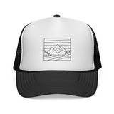 Printify Mountain Trucker Hat from the Nature Series featuring a "Built by Nature. Shaped by Choice." slogan, adjustable mesh back.