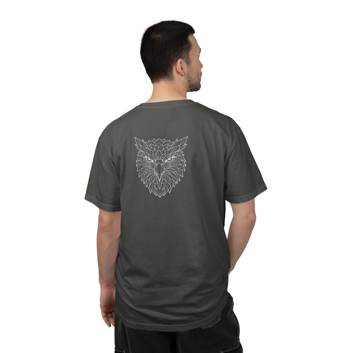 Printify Eagle Graphic T-shirt featuring geometric eagle design and "Rise Above Everything" slogan from the Geometric Animal Series.