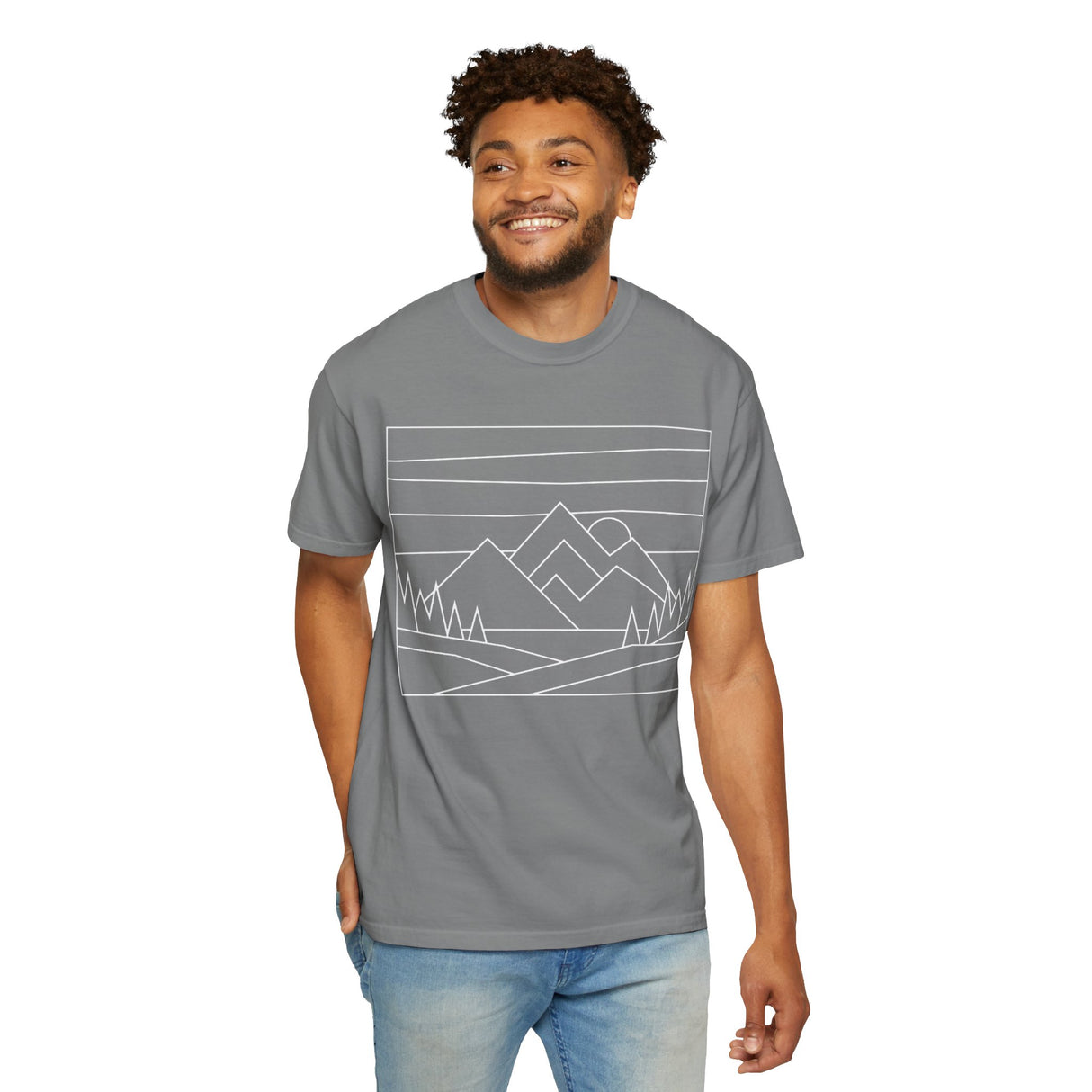 Printify Mountain Tee T-shirt featuring "Built by Nature. Shaped by Choice." logo from the Nature Series, casual and eco-inspired design.