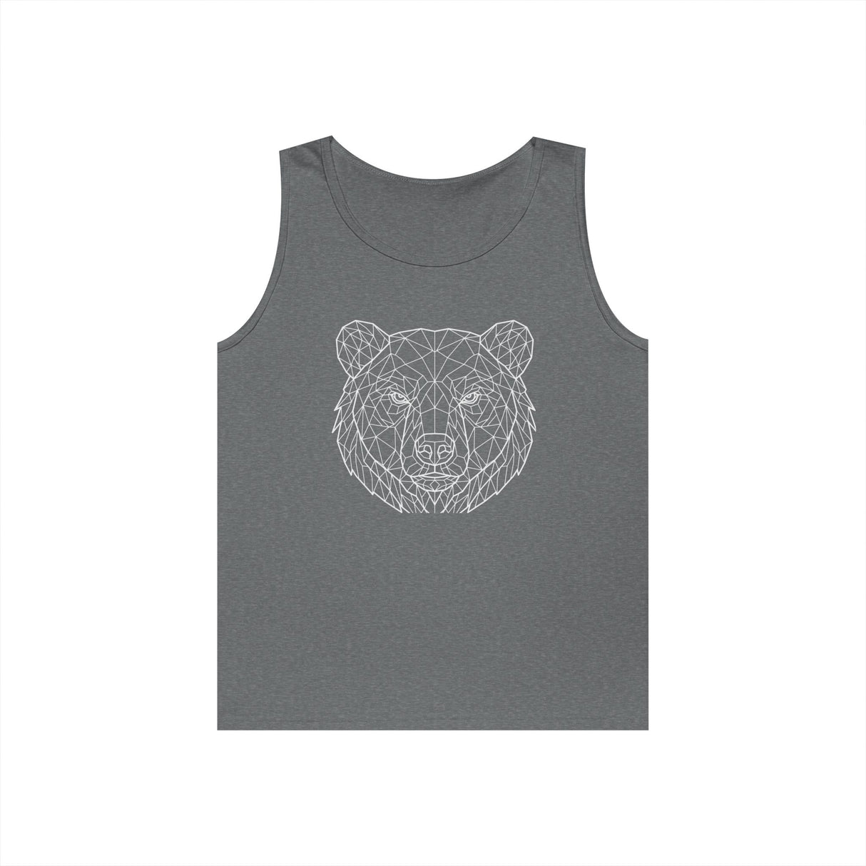 Gray bear tank top from Printify's geometric animal series featuring "Unbothered. Unmoved. Undefeated." text on front.
