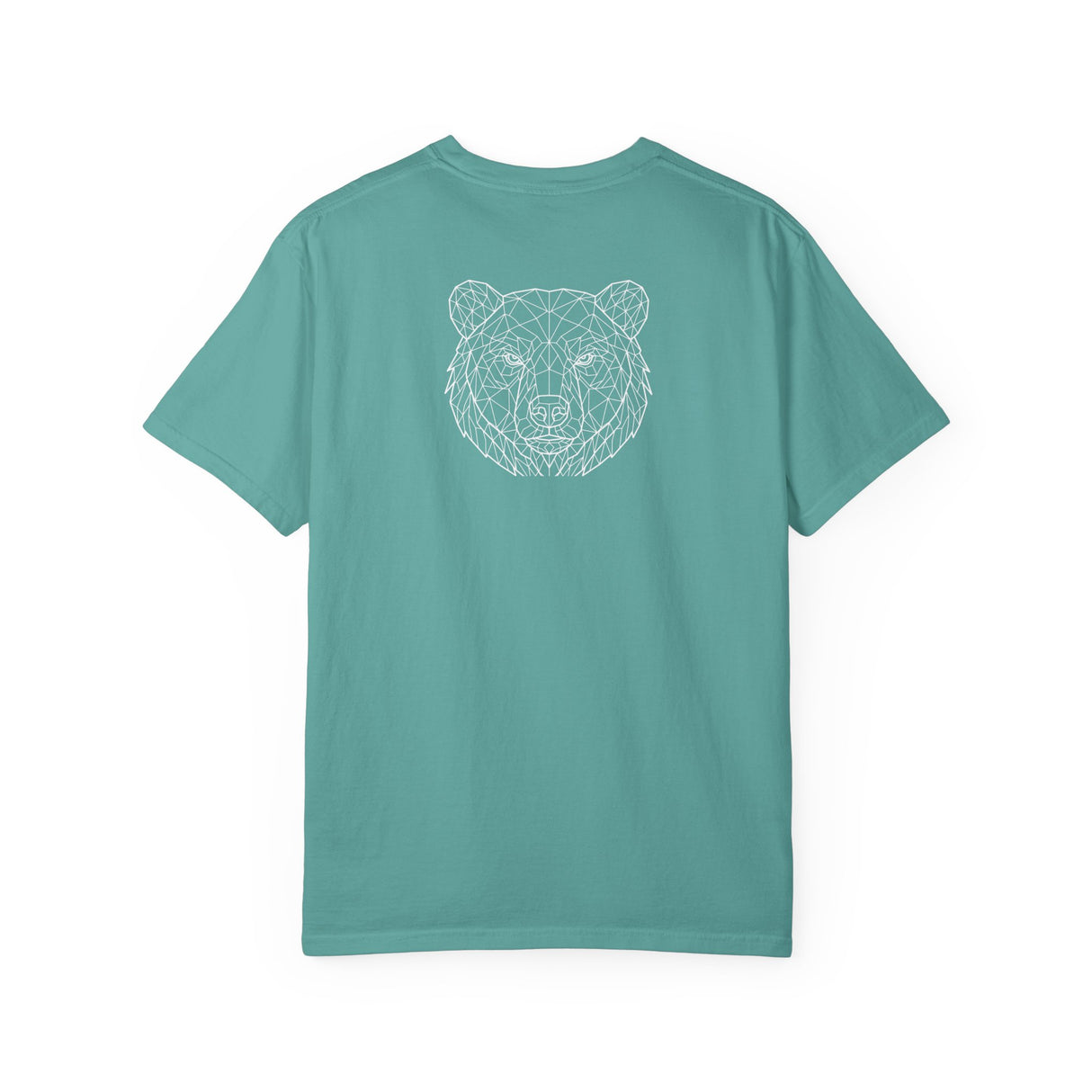 Gray Bear Tee from Printify's Geometric Animal Series featuring the phrase "Unbothered. Unmoved. Undefeated."