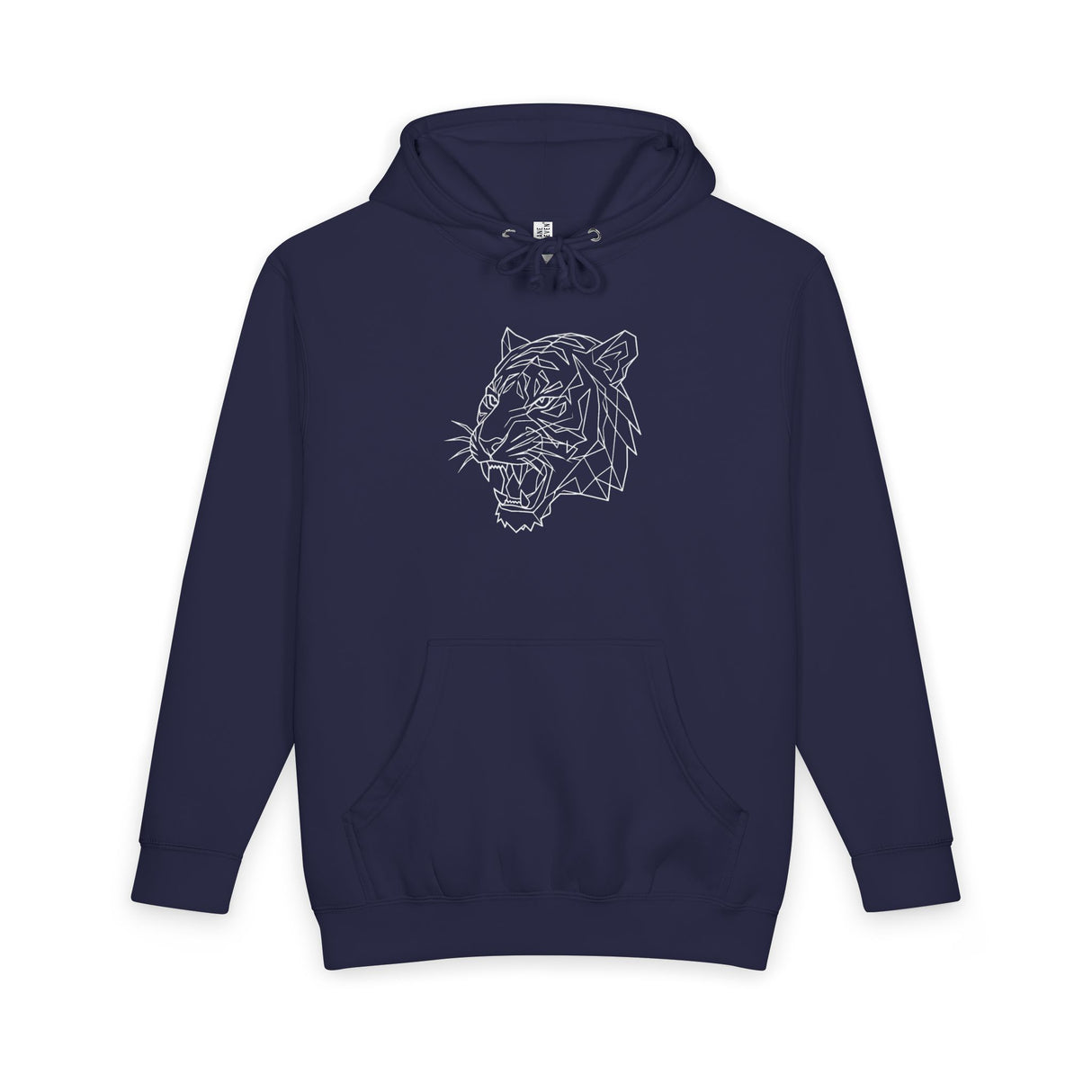 Navy blue hoodie with minimalist geometric tiger graphic on chest