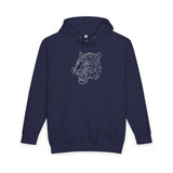 Navy blue hoodie with minimalist geometric tiger graphic on chest