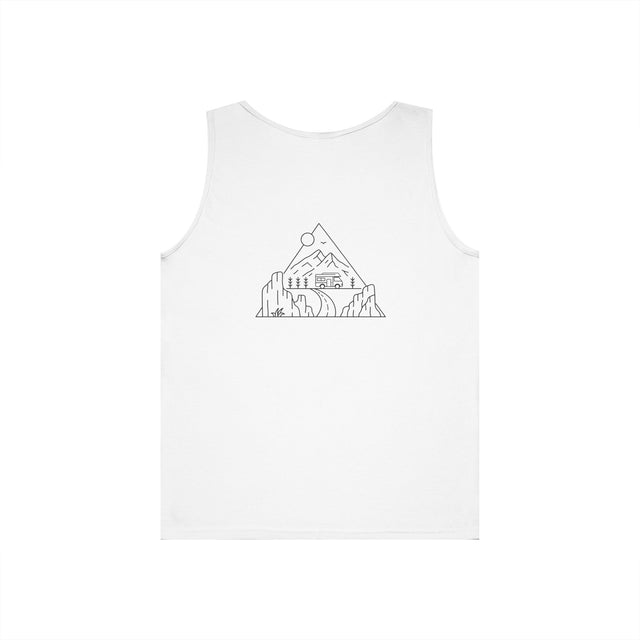 Road Trip Tank Top from the Nature Series by Printify featuring the phrase "Nowhere to Be. Everywhere to Go." on a casual tank top.