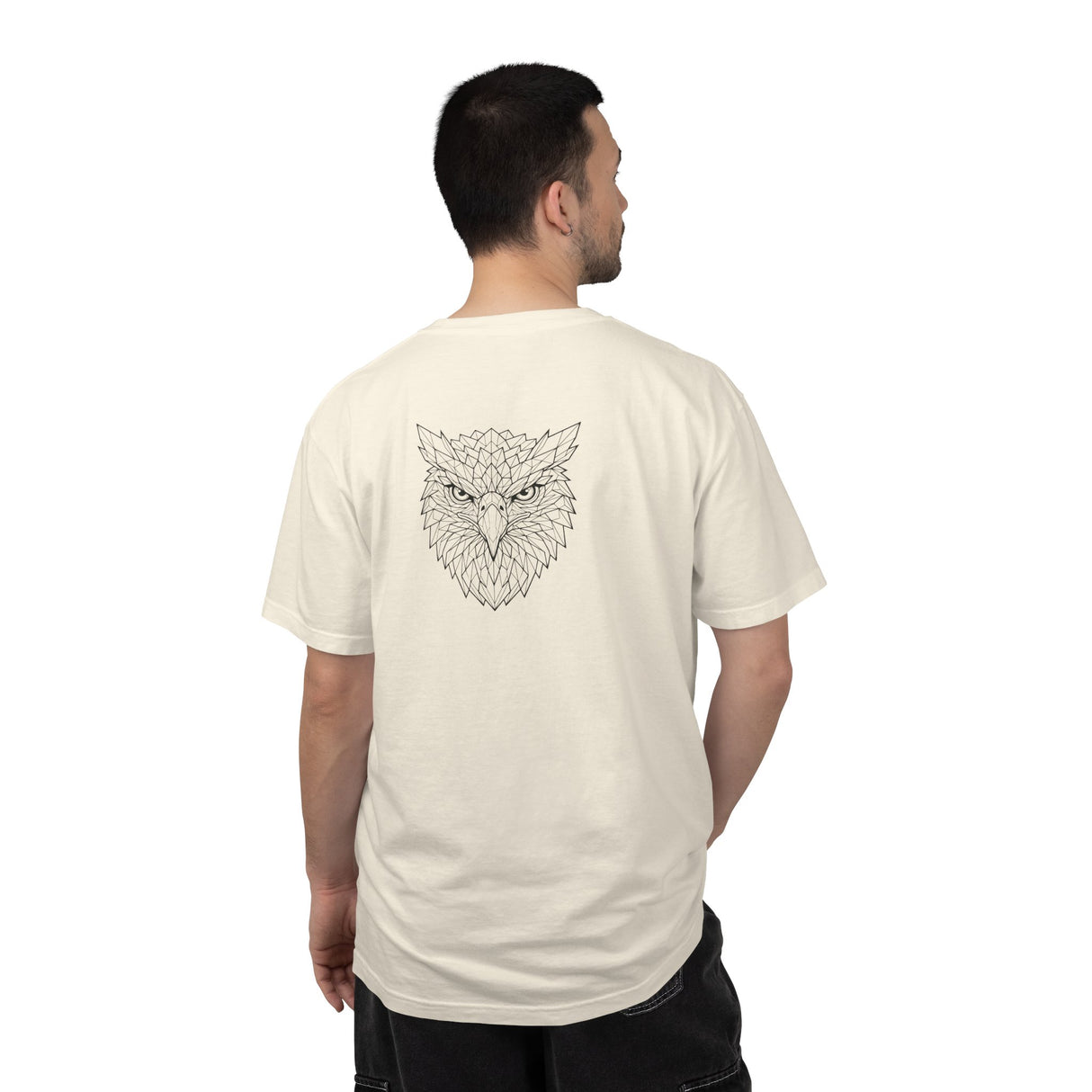 Black Eagle graphic T-shirt from Printify's Geometric Animal Series featuring "Rise Above Everything" slogan.
