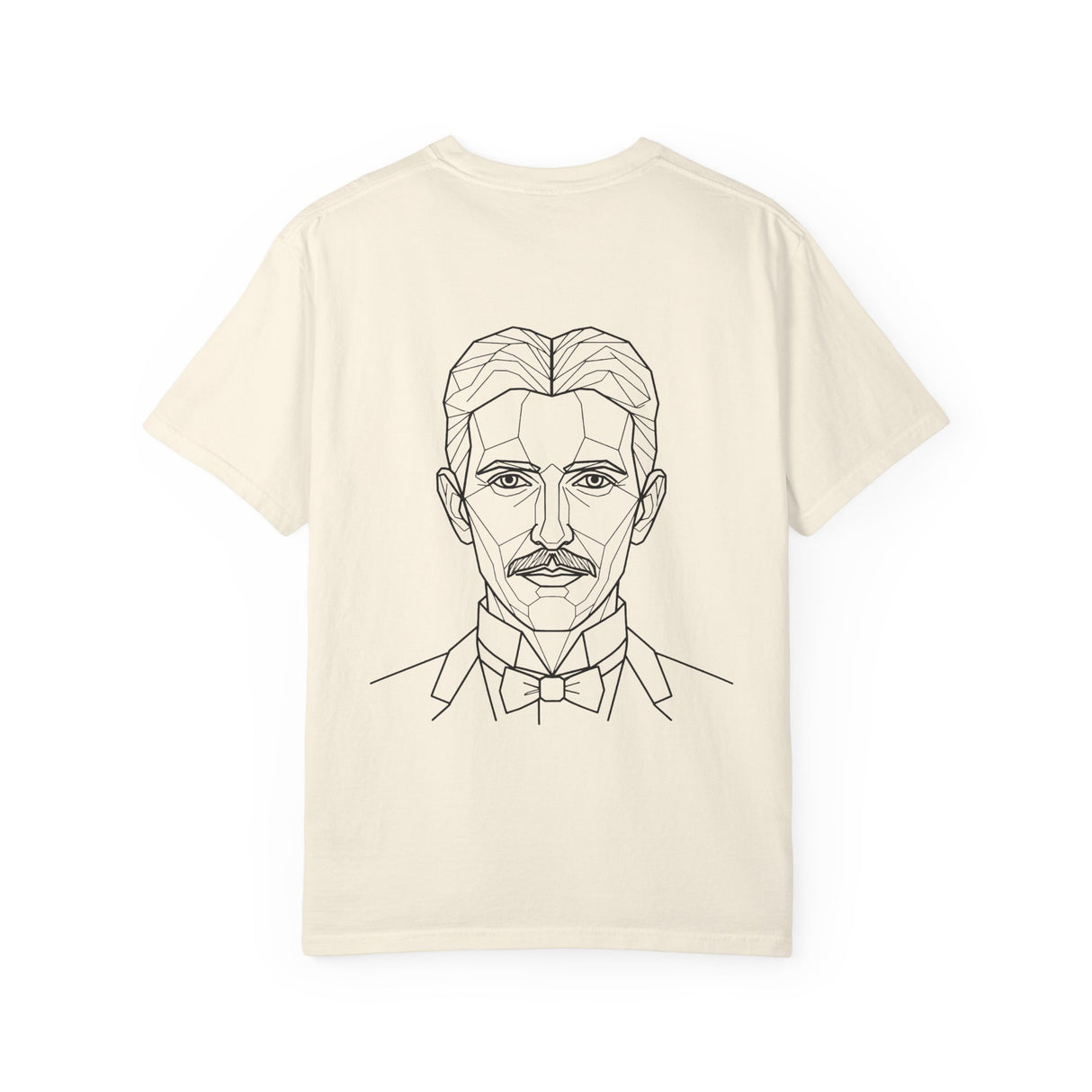 Tesla T-shirt featuring the quote "Think in Terms of Energy, Frequency and Vibration" from the Visionaries Series, printed by Printify.