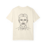 Tesla T-shirt featuring the quote "Think in Terms of Energy, Frequency and Vibration" from the Visionaries Series, printed by Printify.