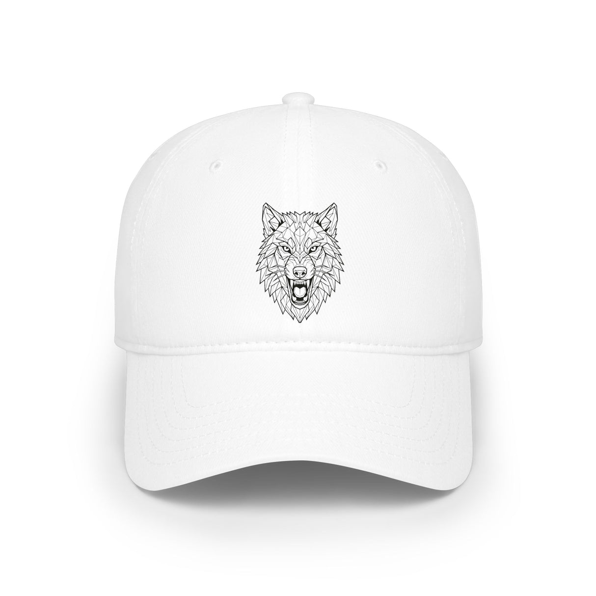 White cap with a black wolf design on a white background