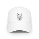 White cap with a black wolf design on a white background
