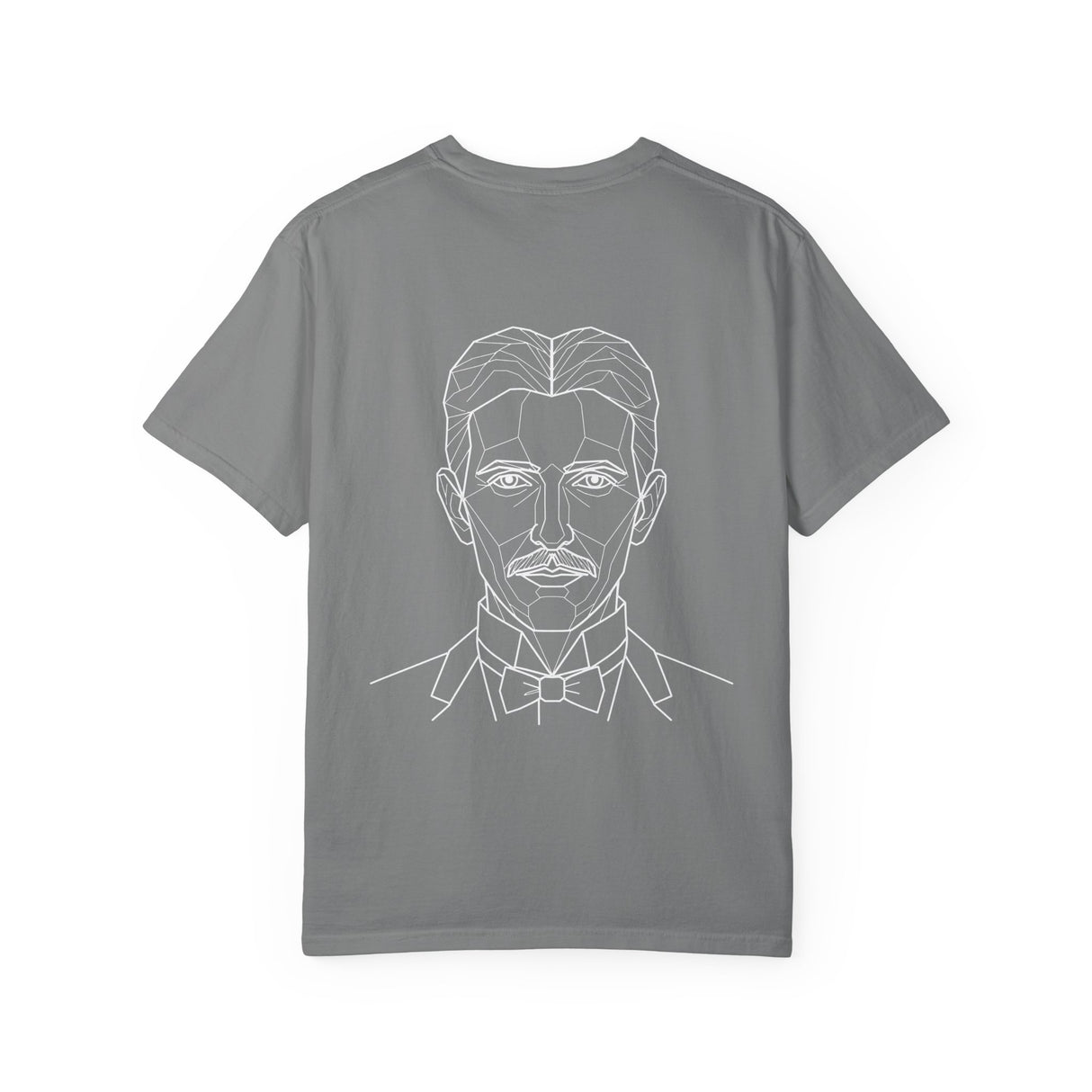 Tesla Tee T-shirt featuring the quote "Think in Terms of Energy, Frequency and Vibration" from the Visionaries Series, by Printify.