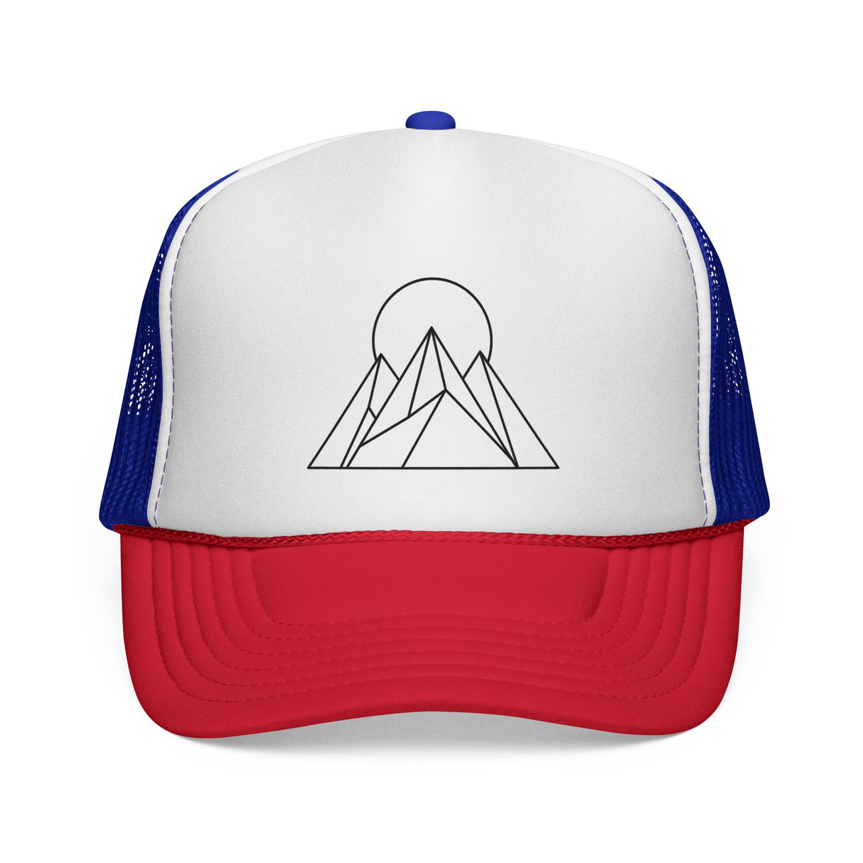 Printify Peak Trucker Hat from the Nature Series with "Built to Rise" slogan, featuring mesh back and adjustable snap closure.