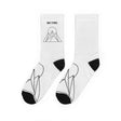 White socks with black graphics and text on a white background