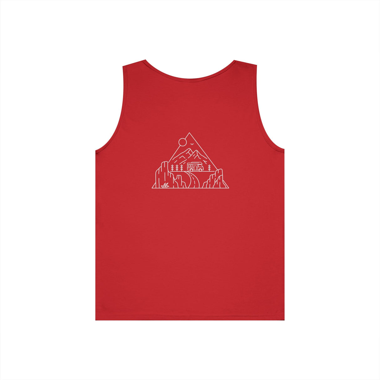 Road Trip Tank Top from Printify's Nature Series with the quote "Nowhere to Be. Everywhere to Go." displayed on the front.