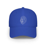 Printify Lion Baseball Cap featuring geometric lion design and the quote "King Is a Standard. Not a Title." on a casual hat.