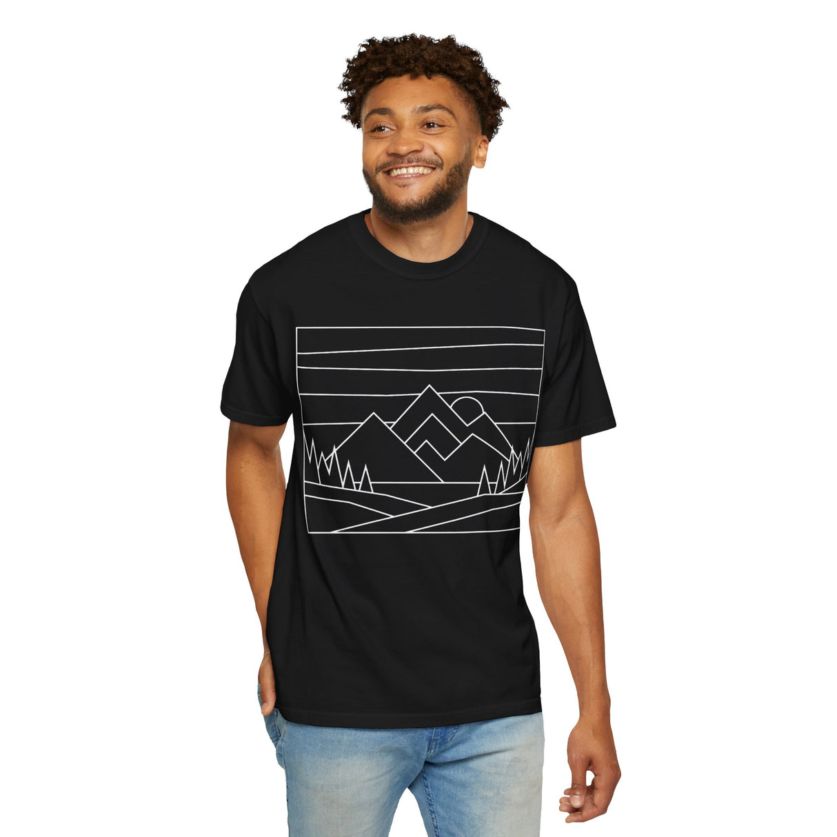 Printify Mountain Tee featuring "Built by Nature. Shaped by Choice." slogan from the Nature Series, displayed on a casual T-shirt.