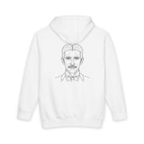 N. Tesla hoodie from Visionaries Series featuring a quote about energy, frequency, and vibration, made by Printify.