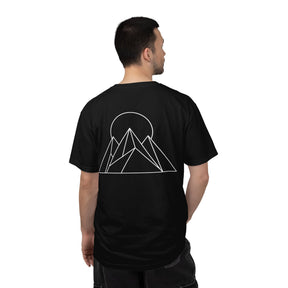 Printify Peak Tee T-shirt from the Nature Series featuring a "Built to Rise" design, shown in a natural outdoor setting.