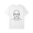 White t-shirt with a black line drawing of a person on a white background