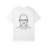 White t-shirt with a black line drawing of a person on a white background