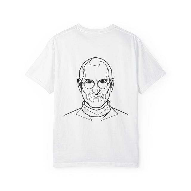 White t-shirt with a black line drawing of a person on a white background