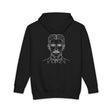 N. Tesla hoodie from Visionaries Series by Printify featuring quote on energy, frequency, and vibration in black fabric.