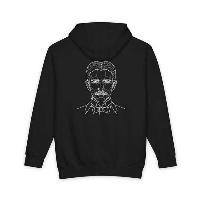 N. Tesla hoodie from Visionaries Series by Printify featuring quote on energy, frequency, and vibration in black fabric.