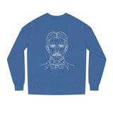 N. Tesla sweatshirt featuring the quote "Think in Terms of Energy, Frequency and Vibration" from the Visionaries Series, by Printify.
