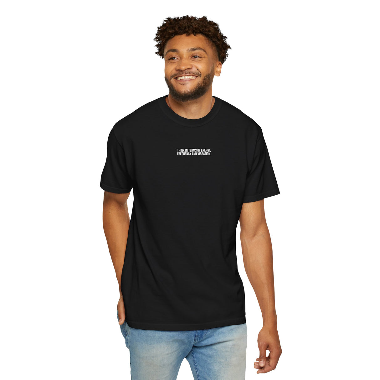 Tesla Tee T-shirt featuring the "Think in Terms of Energy, Frequency and Vibration" design from the Visionaries Series, in black.