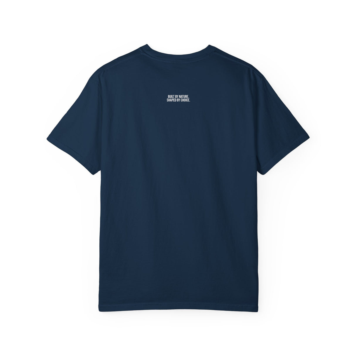 Printify Mountain Tee T-shirt featuring nature-inspired design with the phrase "Built by Nature. Shaped by Choice." in the Nature Series.