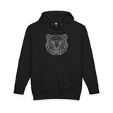 Gray bear hoodie from Printify's Geometric Animal Series featuring "Unbothered. Unmoved. Undefeated." text and geometric bear design.