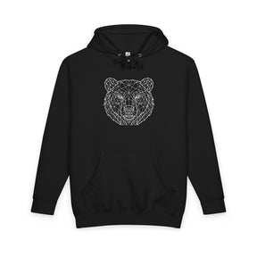 Gray bear hoodie from Printify's Geometric Animal Series featuring "Unbothered. Unmoved. Undefeated." text and geometric bear design.