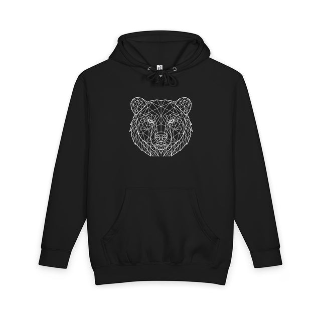 Gray bear hoodie from Printify's Geometric Animal Series featuring "Unbothered. Unmoved. Undefeated." text and geometric bear design.