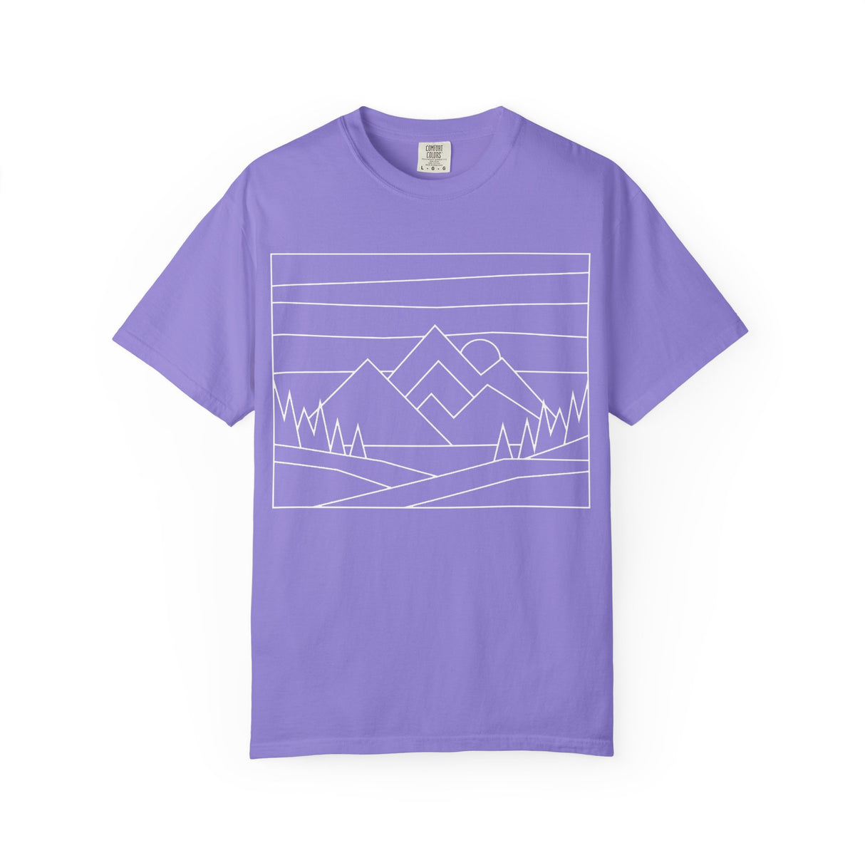Printed Mountain Tee T-shirt by Printify featuring "Built by Nature. Shaped by Choice." from the Nature Series, showcasing a mountain graphic.