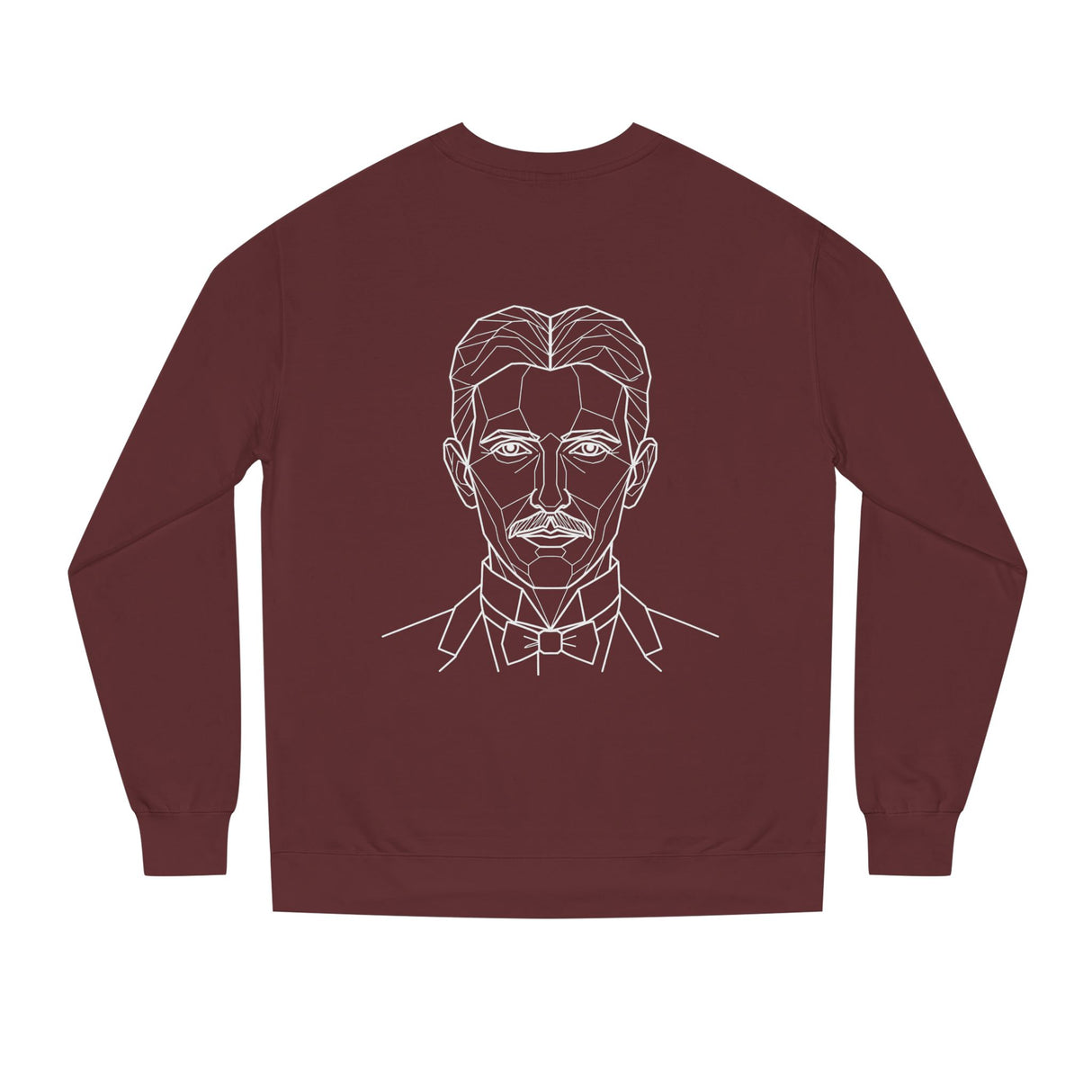 N. Tesla sweatshirt featuring "Think in Terms of Energy, Frequency and Vibration" quote from the Visionaries Series, printed by Printify