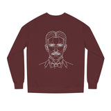 N. Tesla sweatshirt featuring "Think in Terms of Energy, Frequency and Vibration" quote from the Visionaries Series, printed by Printify