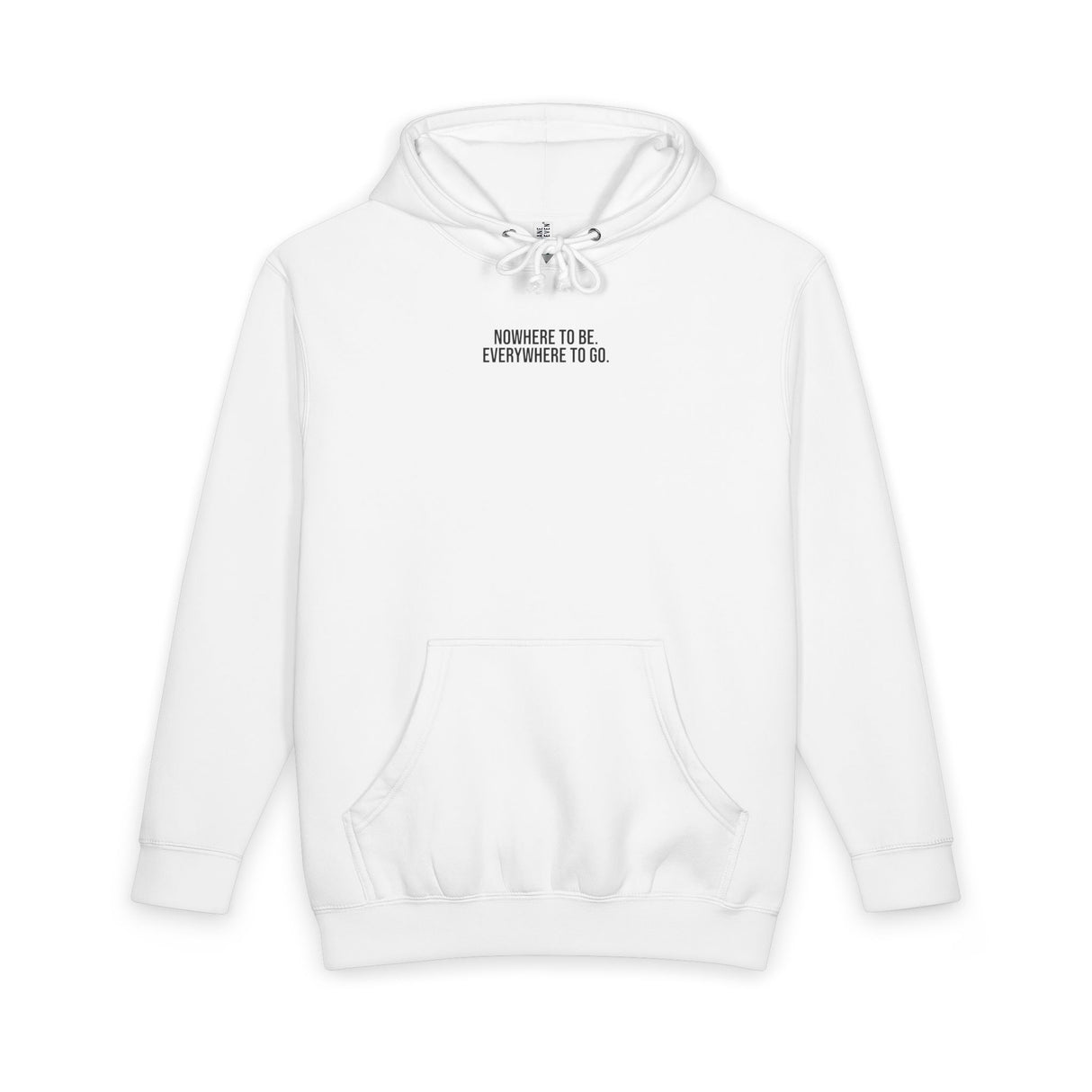 Gray Road Trip Hoodie from the Nature Series by Printify featuring the quote "Nowhere to Be. Everywhere to Go."