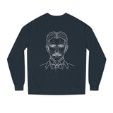 N. Tesla sweatshirt featuring the quote "Think in Terms of Energy, Frequency and Vibration" from the Visionaries Series, printed by Printify.