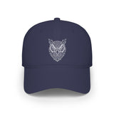 Navy blue cap with white text on a white background