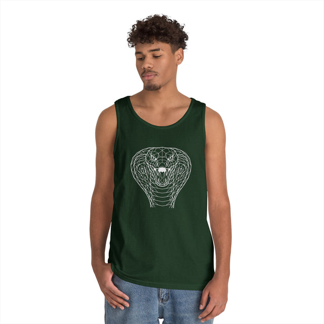 Gray Cobra Tank Top from Printify's Geometric Animal Series, featuring a sleek cobra design and the quote "Patience is the Deadliest Weapon."