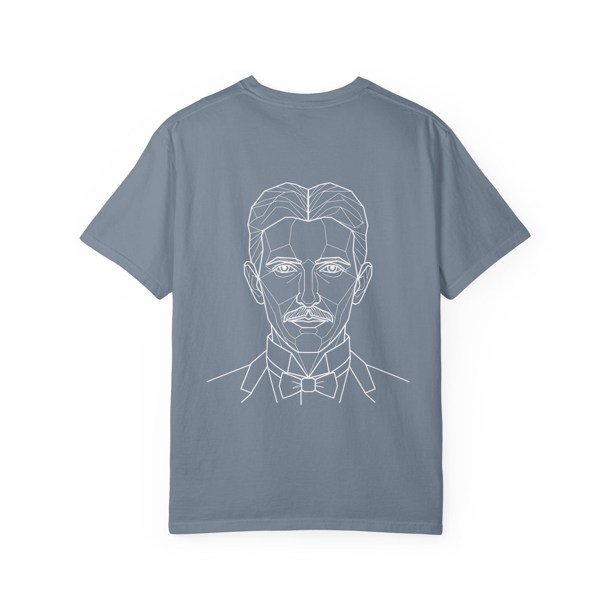 Tesla T-shirt featuring the "Think in Terms of Energy, Frequency and Vibration" design from the Visionaries Series by Printify.